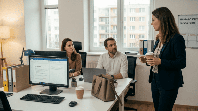 Unavená manažerka s kávou v ruce stojí v běžné kanceláři a mluví na své dva podřízené (muže a ženu), kteří sedí u svých počítačů. Obrázek ilustruje manažerský zlozvyk falešné produktivity, kdy šéfová místo těžké strategické práce volí jednodušší cestu a zbytečně vyrušuje tým operativními dotazy.