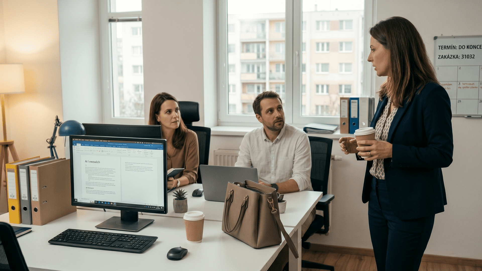 Unavená manažerka s kávou v ruce stojí v běžné kanceláři a mluví na své dva podřízené (muže a ženu), kteří sedí u svých počítačů. Obrázek ilustruje manažerský zlozvyk falešné produktivity, kdy šéfová místo těžké strategické práce volí jednodušší cestu a zbytečně vyrušuje tým operativními dotazy.