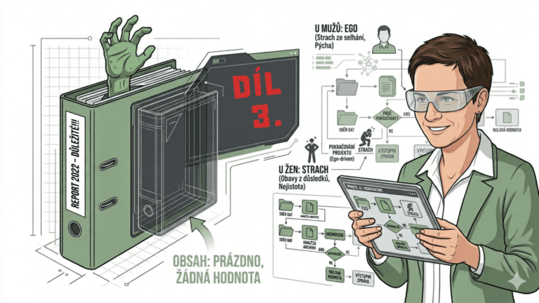 Minimalistická ilustrace v R&D stylu: Na čistém bílém pozadí stojí archivní šanon s nápisem 'Reporty 2022', ze kterého vykukuje stylizovaná zelená ruka zombie. Vedle stojí manažerka s digitálním tabletem, která pomocí rentgenového skeneru analyzuje nulovou hodnotu tohoto procesu. Vizuál doplňují technické linky a schéma znázorňující eliminaci balastu.