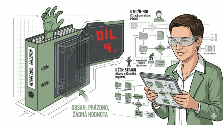 Minimalistická ilustrace v R&D stylu: Na čistém bílém pozadí stojí archivní šanon s nápisem 'Reporty 2022', ze kterého vykukuje stylizovaná zelená ruka zombie. Vedle stojí manažerka s digitálním tabletem, která pomocí rentgenového skeneru analyzuje nulovou hodnotu tohoto procesu. Vizuál doplňují technické linky a schéma znázorňující eliminaci balastu.