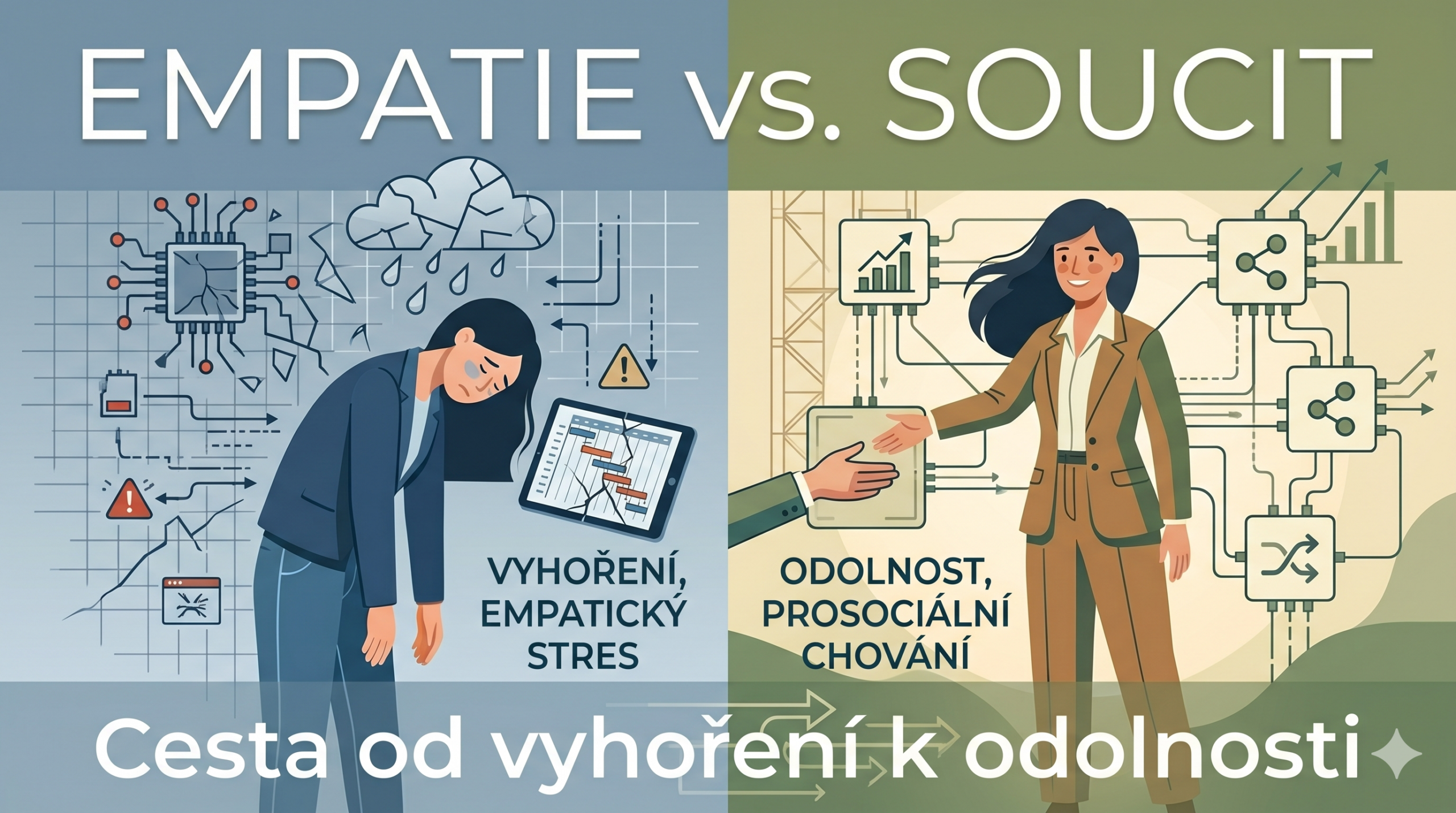 Infografika v poměru stran 16:9 ,která je svisle rozdělená na dvě poloviny. V horní části dominuje tmavě modrý nadpis „EMPATIE vs. SOUCIT“ a ve spodní části podtitul „Cesta od vyhoření k odolnosti“